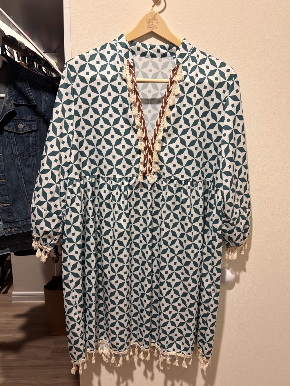 SHEIN Teal and Cream Geometric Tassel Dress